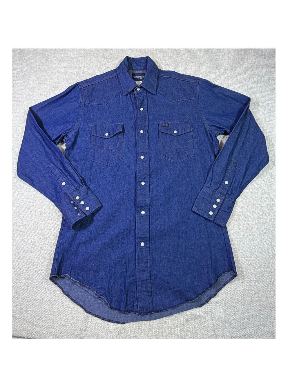 Wrangler Men Medium Blue Pearl Snap Long Sleeve Denim Western Shirt Cowboy Ranch